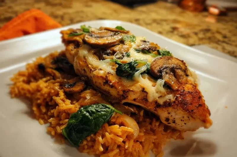 Cheesy Mushroom Spinach Chicken over Spanish Rice