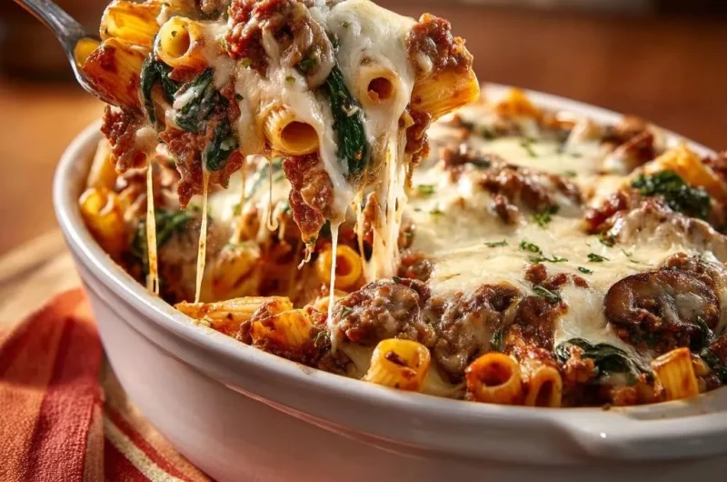 Cheesy Spinach Mushroom Beef Rigatoni Bake