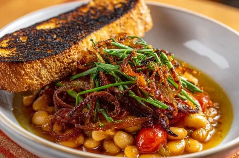 Creamy Tomato White Beans with Crispy Shallots