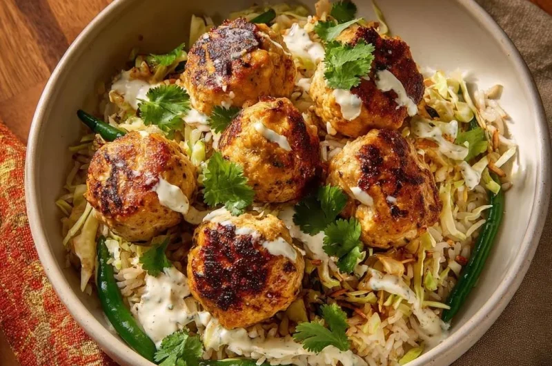 Crispy Chicken Meatballs with Cabbage Rice and Chili Yogurt Sauce