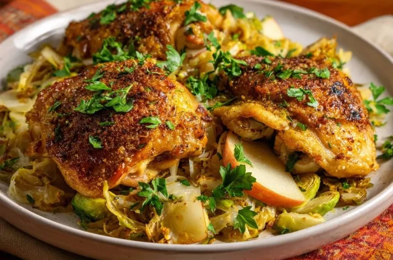 Crispy Spiced Chicken Thighs with Apple Cabbage Brussels Hash