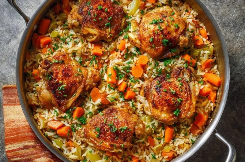One-Pan Crispy Chicken Thighs with Carrot Rice
