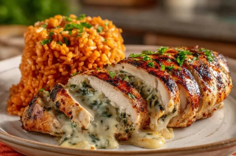 Spinach Cheese Stuffed Grilled Chicken with Red Rice