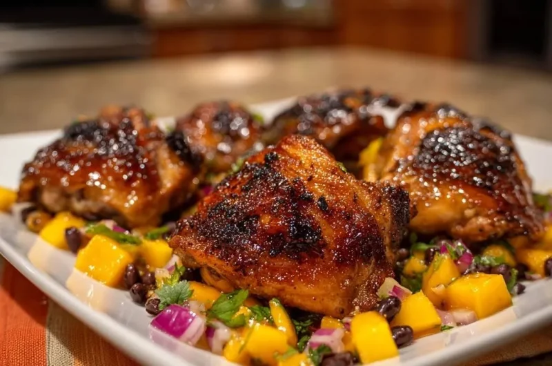 Sticky Glazed Chicken Thighs with Mango Black Bean Salsa