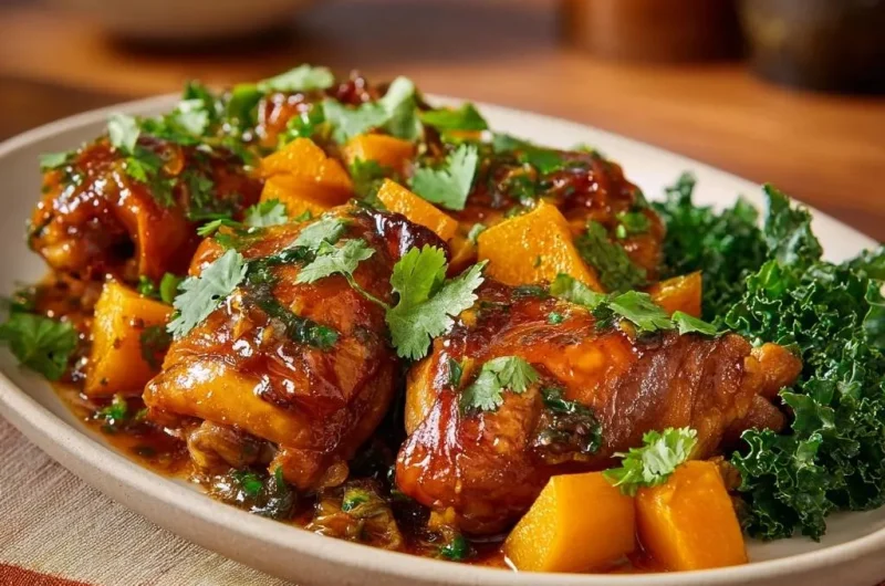 Sticky Glazed Chicken Thighs with Pumpkin and Kale