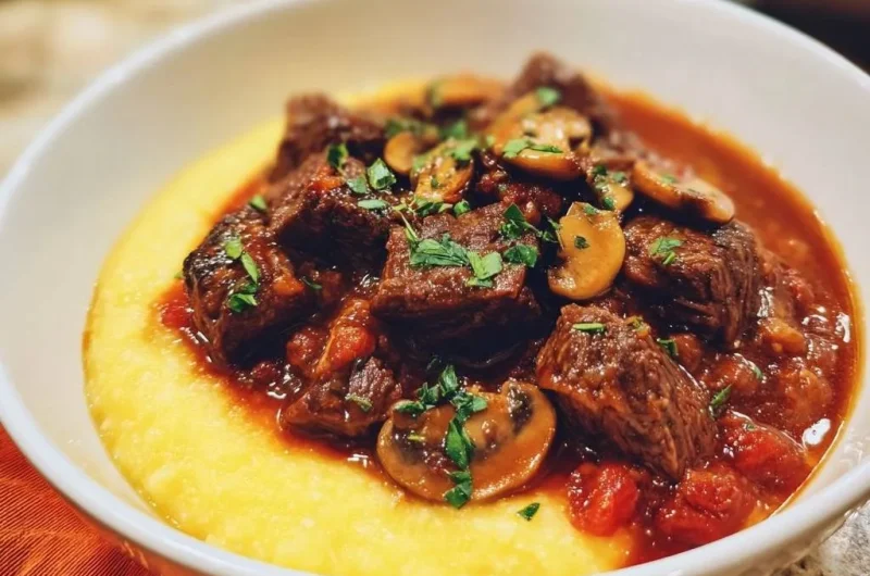 Tender Beef and Mushroom Stew over Polenta