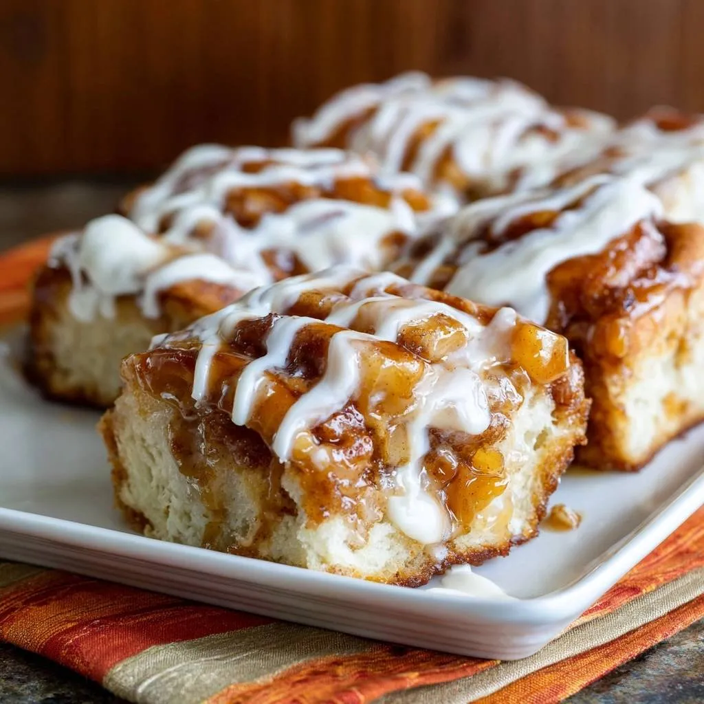 Apple cinnamon roll bars with a thick, glossy glaze drizzled over the top in a close-up view.