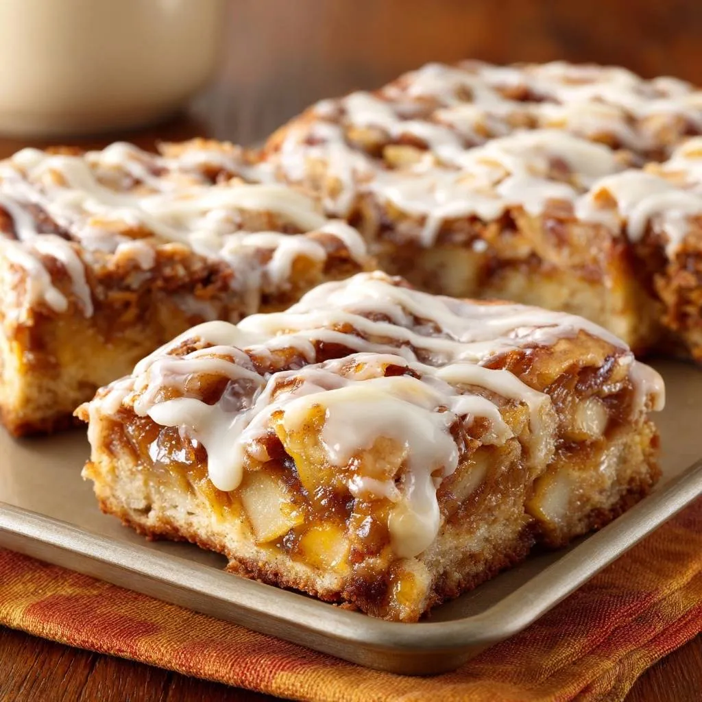 Apple cinnamon roll bars, showing a close-up cross-section with gooey apple filling and white icing drizzle.