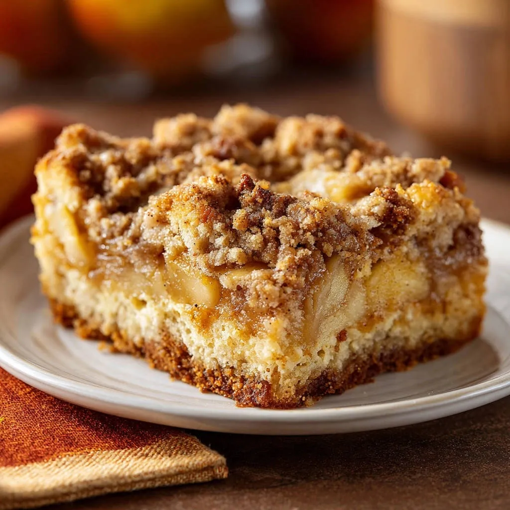 Classic Apple Crumb Cake with a close-up view of a slice showing its layered interior texture.