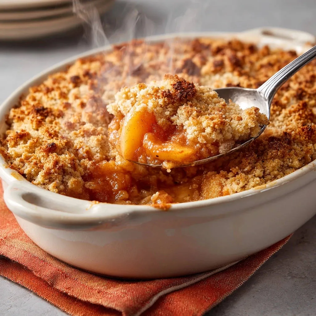 Classic apple crumble with a spoonful being lifted, showing steam rising from the freshly baked dessert.