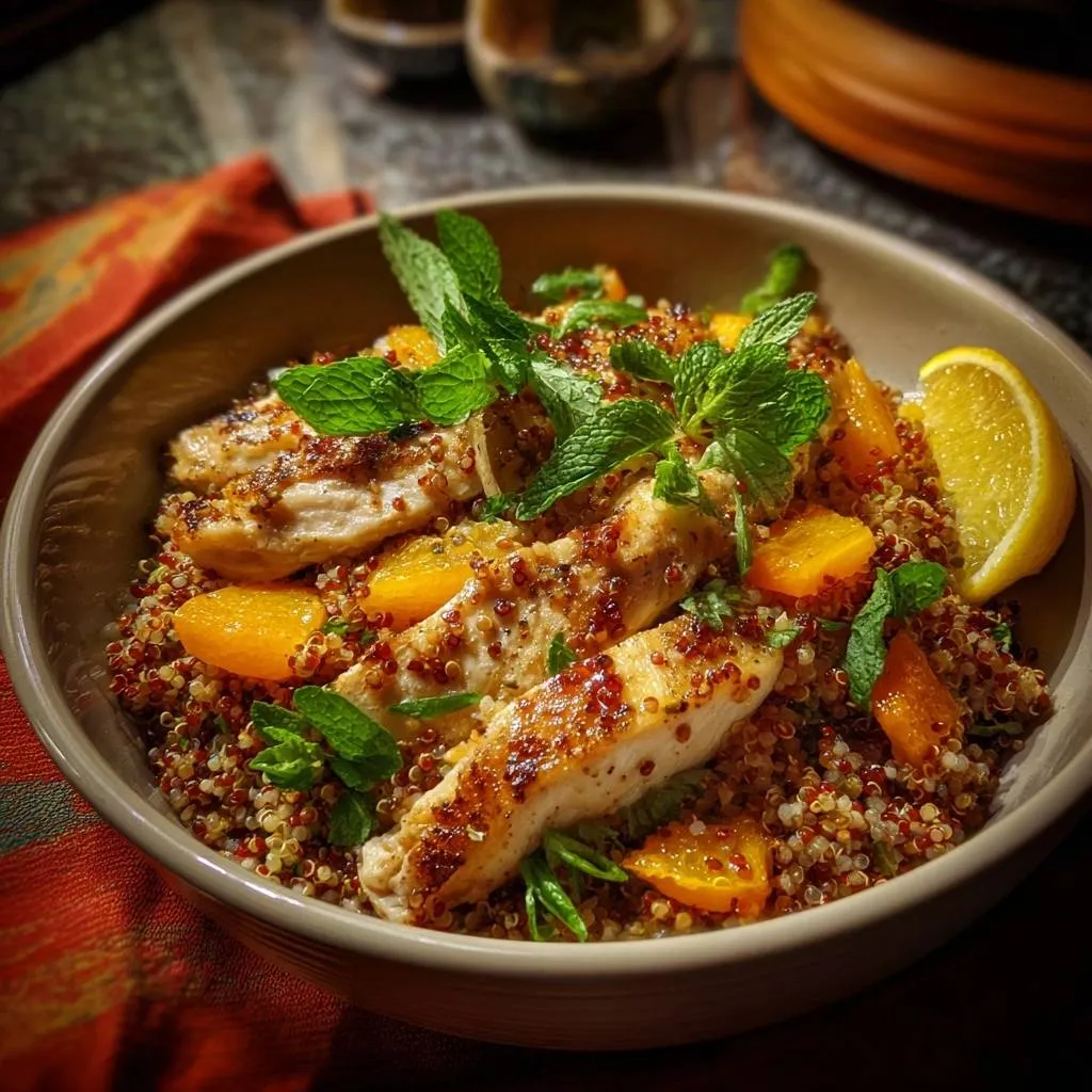 Apricot mint chicken quinoa bowl featuring sliced grilled chicken and fresh mint garnish in a bowl.