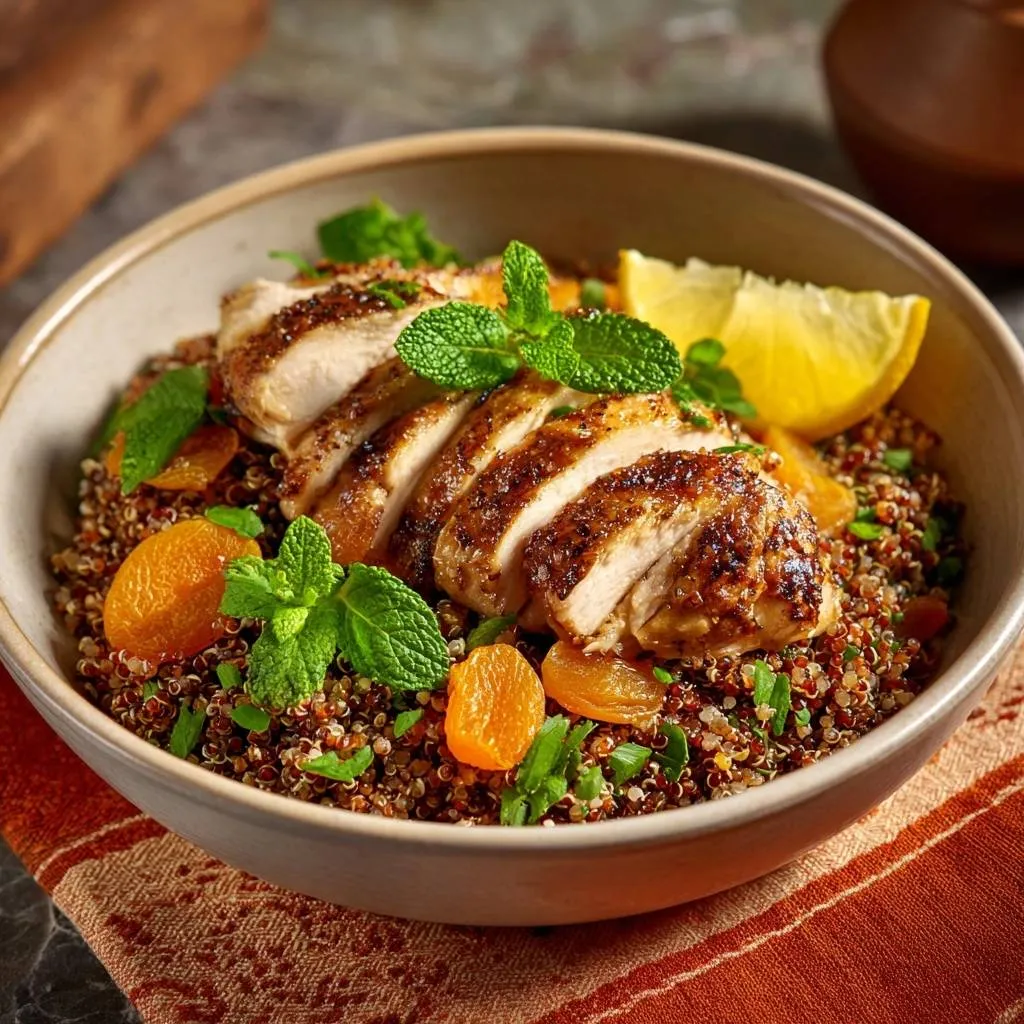 Apricot mint chicken quinoa bowl featuring sliced chicken breast on a bed of quinoa with dried apricots and mint garnish.