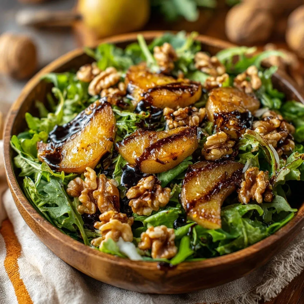 Arugula and seared pear salad featuring a glistening balsamic glaze drizzled over the warm fruit and greens.