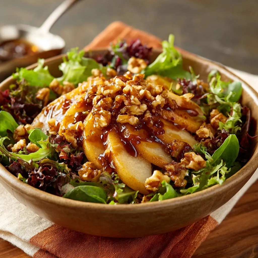 Arugula and seared pear salad with a rich glaze and chopped walnuts, showcasing a close-up detail of the toppings.