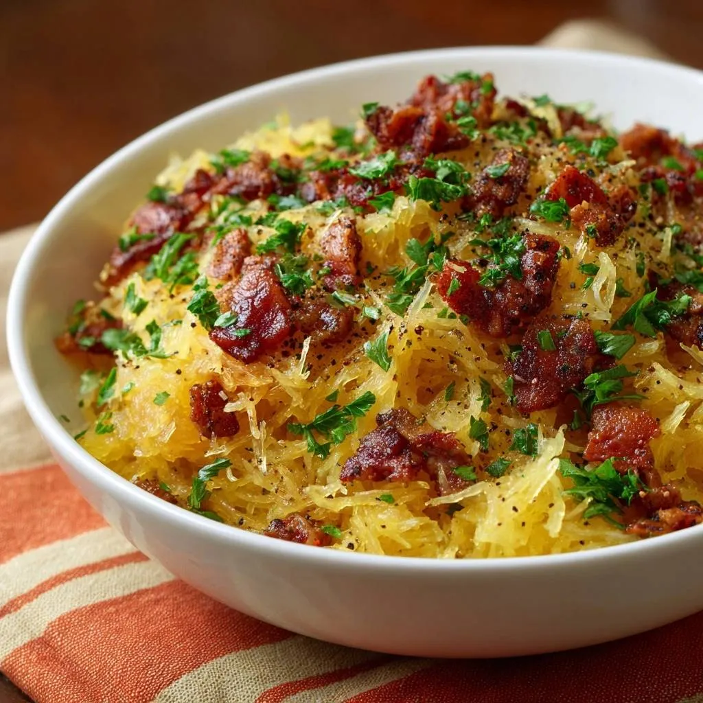 Bacon beef spaghetti squash with firm strands, generously garnished with chopped parsley and black pepper.