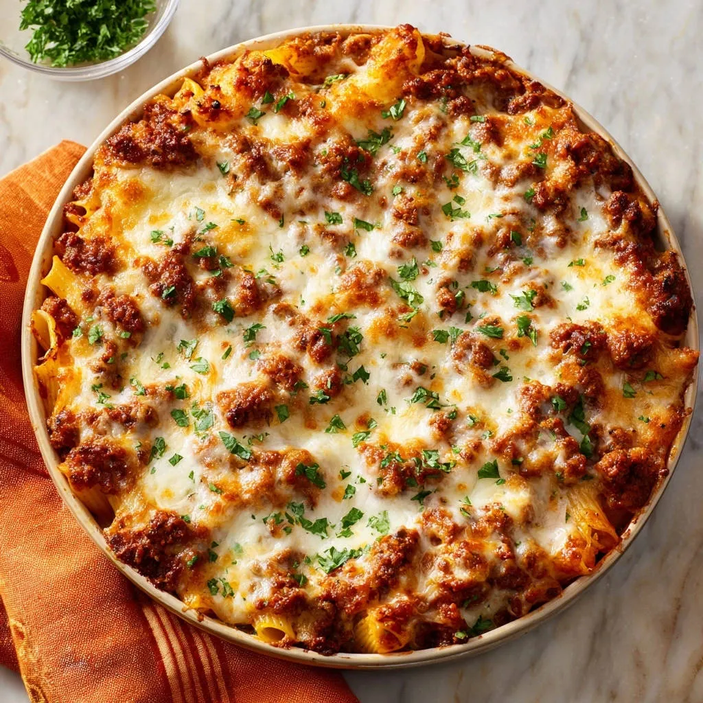 Baked rigatoni with rich ragu and melted cheese, shown from a close-up overhead view.