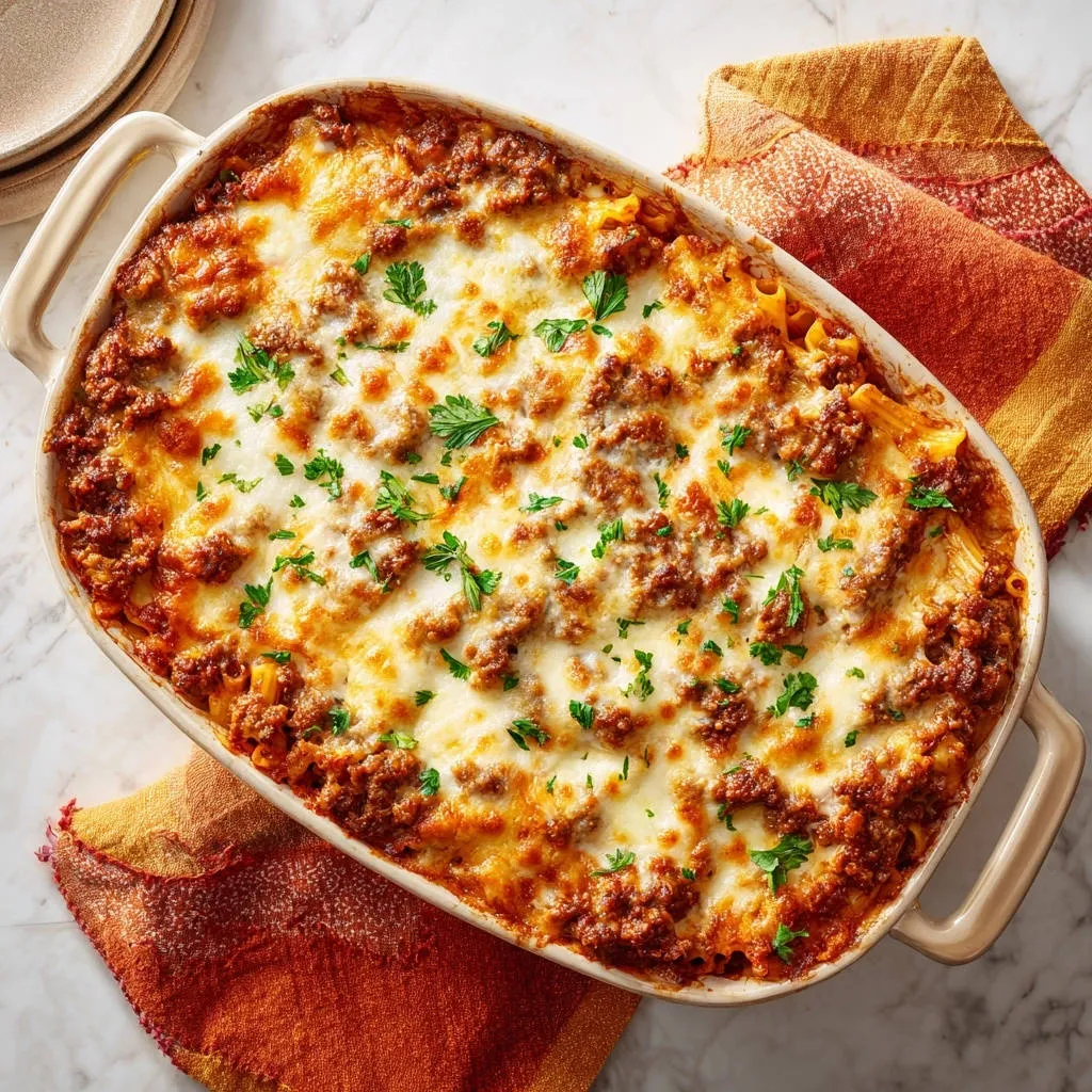 Baked rigatoni with rich ragu served in a casserole dish, topped with melted cheese and parsley garnish.