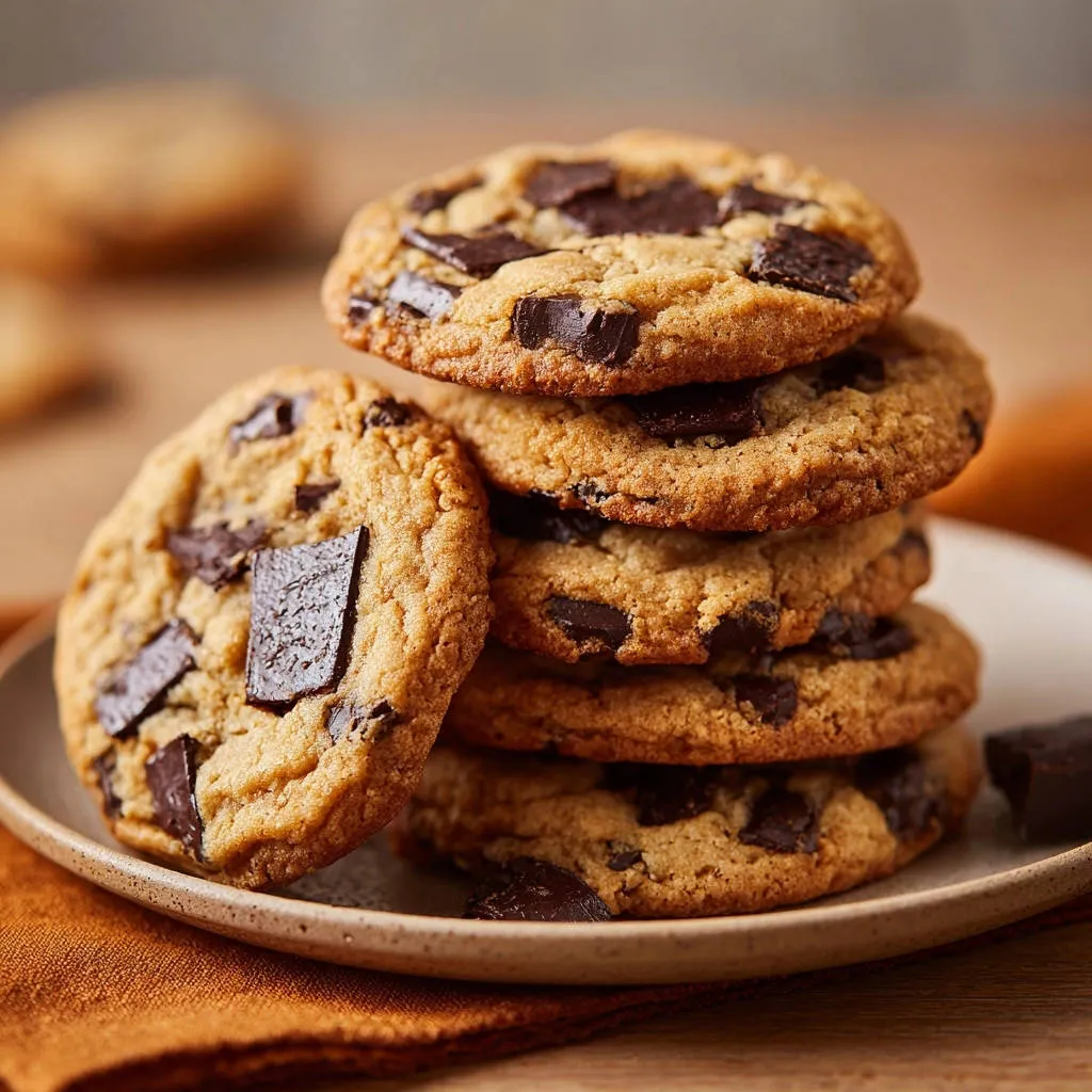 Bakery style chocolate chip cookies stacked high in a close-up view, showcasing generous chocolate chunks.