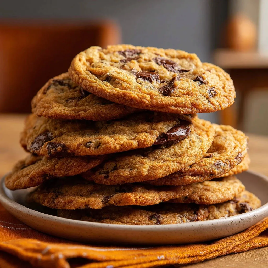 Bakery-style chocolate chip cookies are stacked high in a close-up view, showcasing their textured surface and melted chocolate chips.
