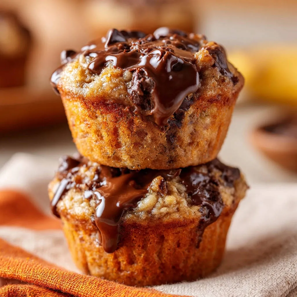 Bakery-style chocolate chip muffins stacked and drizzled with melted chocolate glaze.