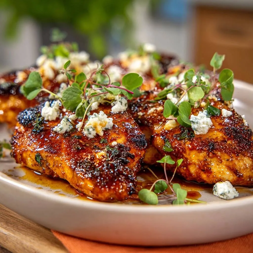 Balsamic glazed chicken with blue cheese, garnished with fresh microgreens and crumbled blue cheese in a close-up detail shot.