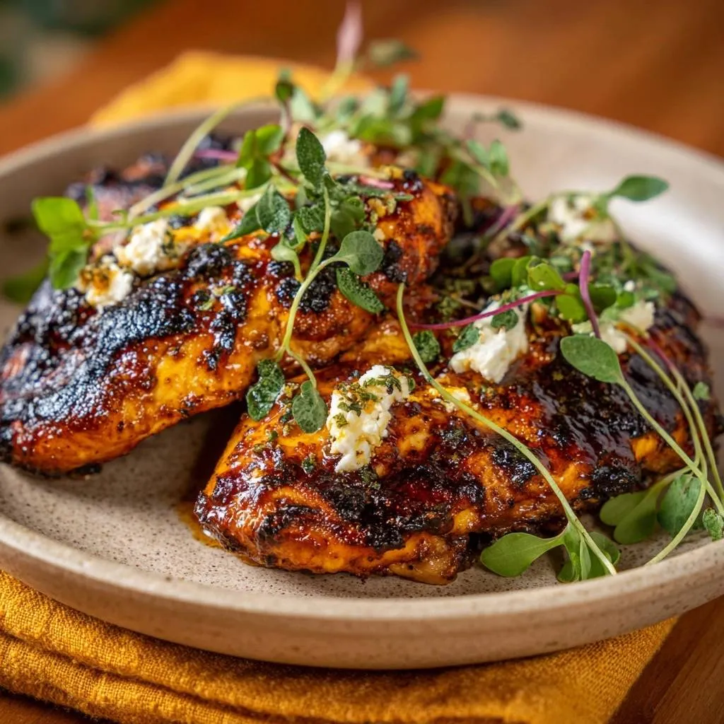 Balsamic glazed chicken with blue cheese, presented as a close-up view showcasing a fresh herb and crumbled cheese garnish.