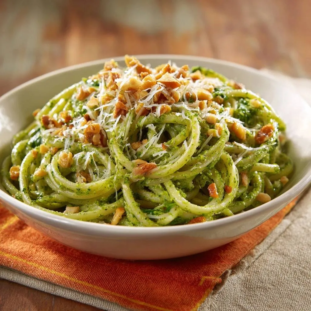 Vibrant basil pesto spaghetti served in a white bowl, generously topped with grated parmesan and chopped nuts.