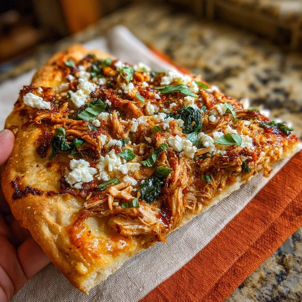 BBQ chicken feta pizza close-up slice showing shredded chicken, feta, and greens on a golden crust.