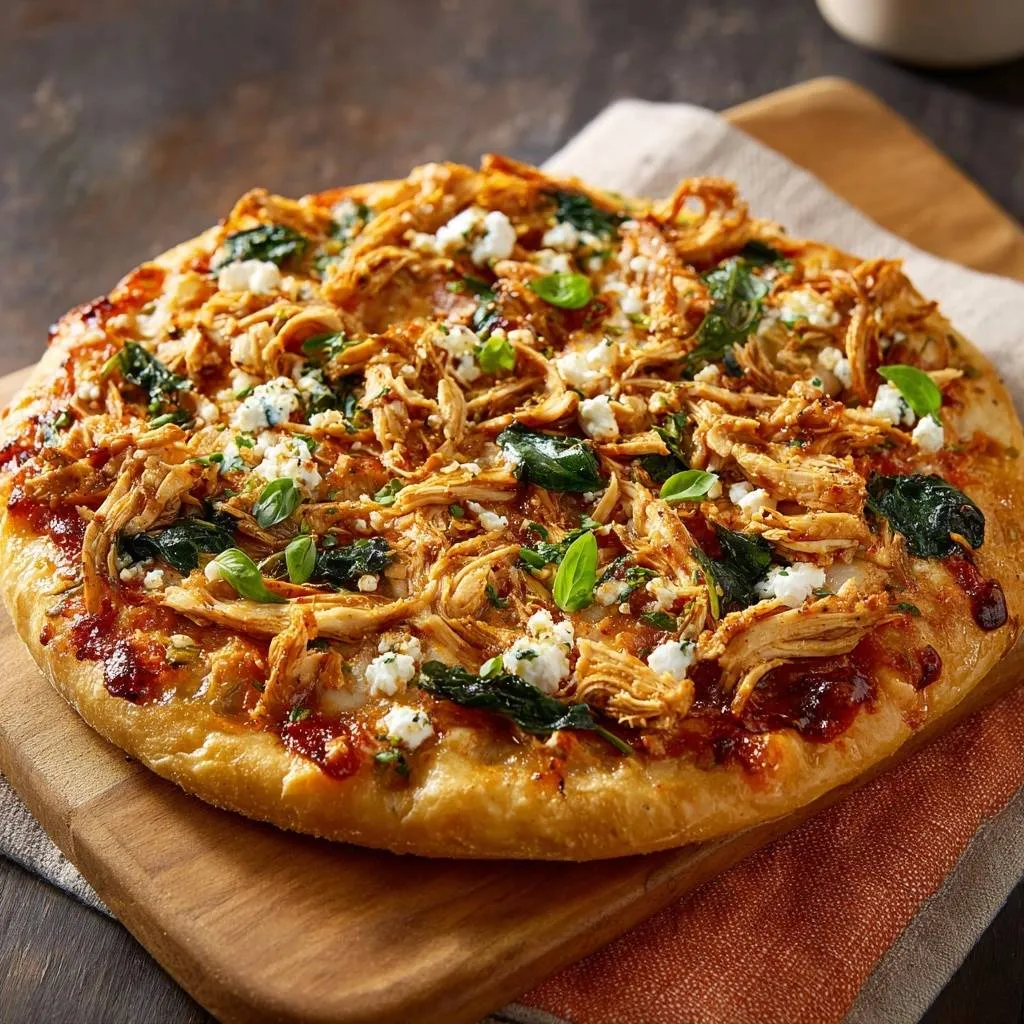 BBQ Chicken Feta Pizza with a crispy crust, topped with shredded chicken, spinach, and feta cheese, viewed from directly above.