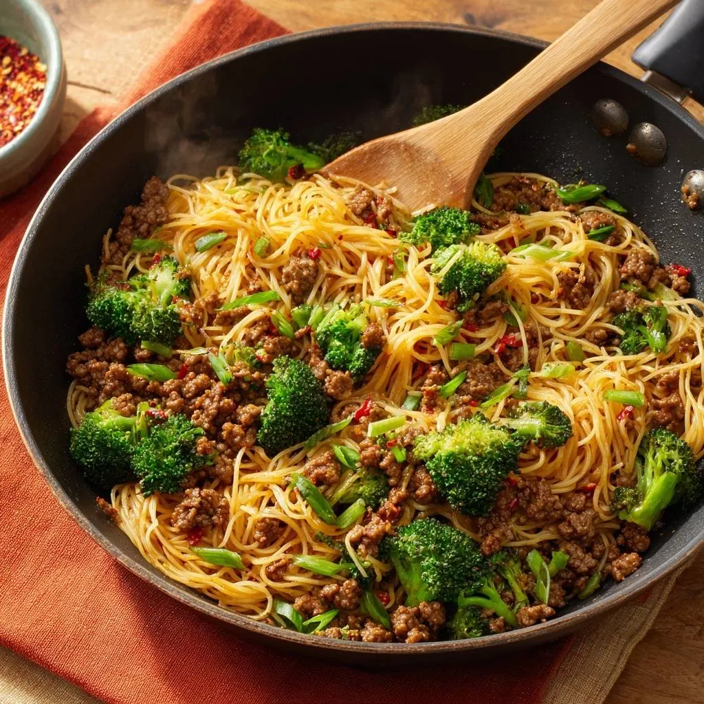 Beef broccoli noodle stir-fry with ground beef and broccoli florets served in a wok with a wooden spoon.