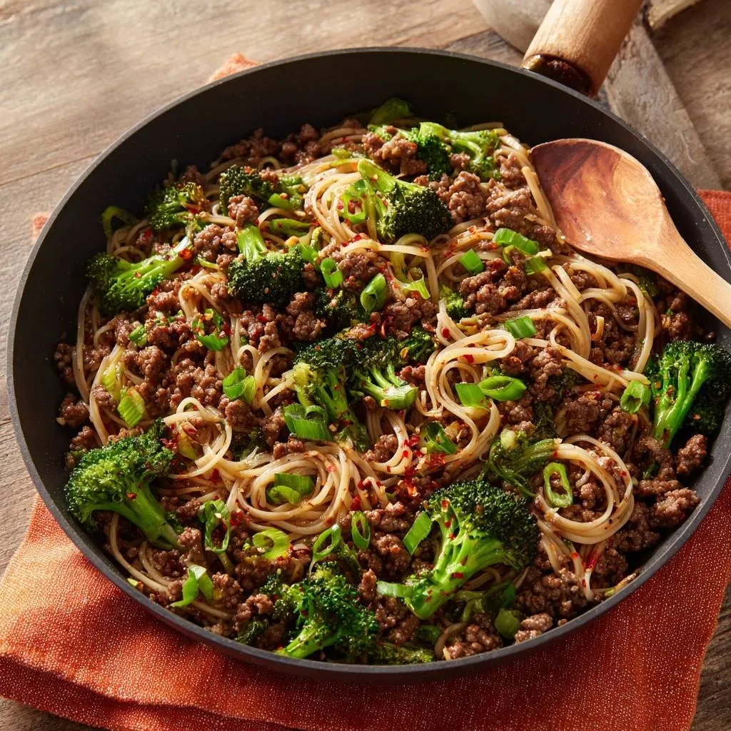 Beef broccoli noodle stir-fry with crisp florets and juicy beef served in a black skillet with a wooden spoon.