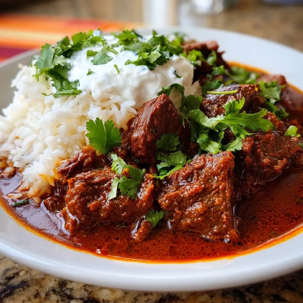 Beef curry with rice, a close-up view of a single serving plated with a dollop of yogurt and cilantro garnish.