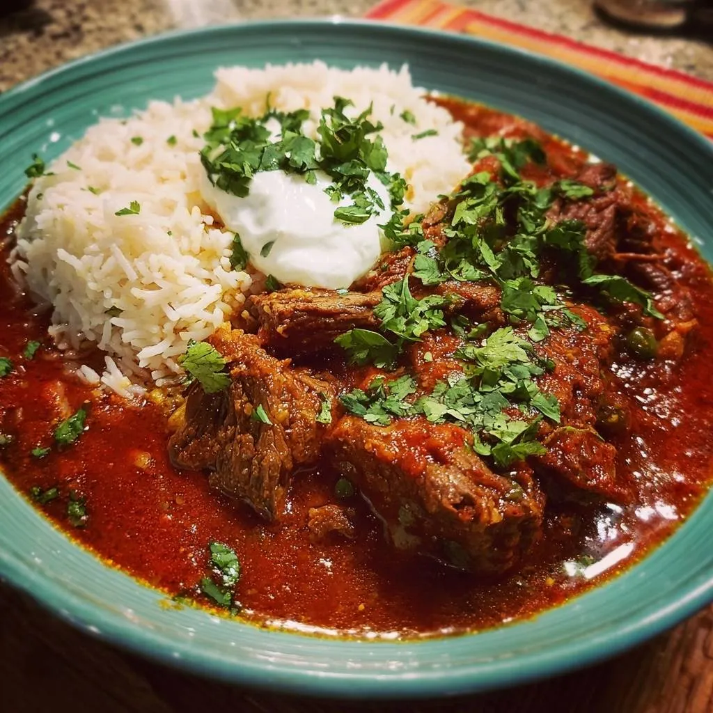 Beef curry with rice plated with a dollop of sour cream and fresh cilantro garnish.