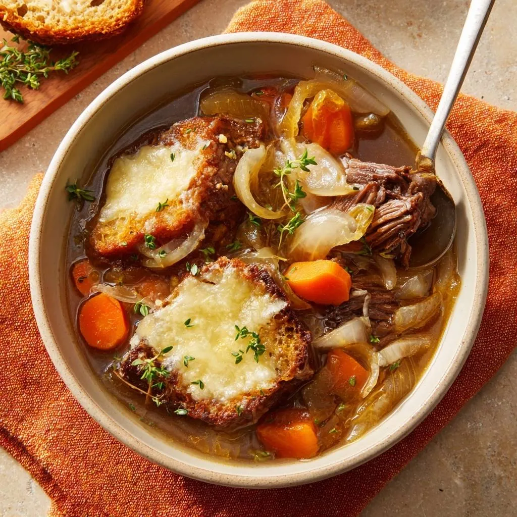 Beef French Onion Soup with melted cheese atop toasted bread, served in a bowl with carrots and onions.