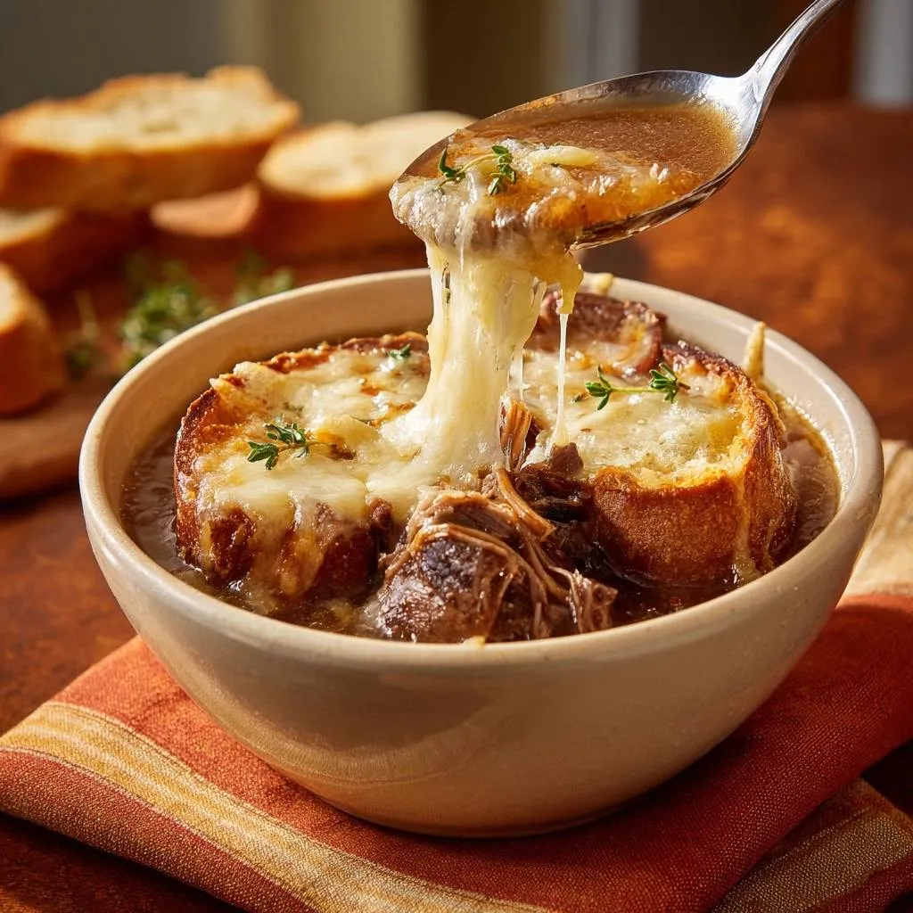 Beef French Onion Soup with a spoonful of melted cheese being lifted, showing a gooey cheese pull.