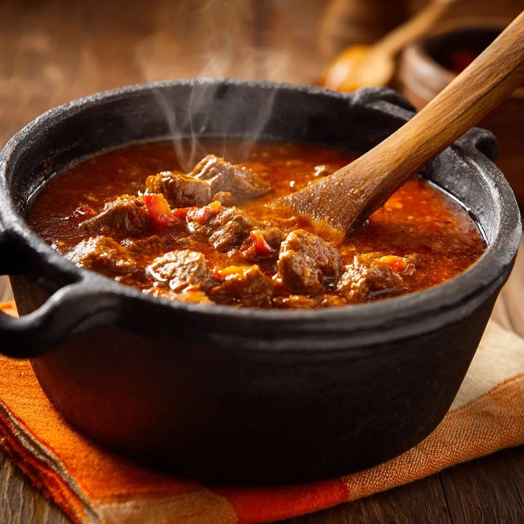Hearty beef goulash steaming in a rustic cast iron pot with a wooden spoon, showcasing tender meat and rich sauce.