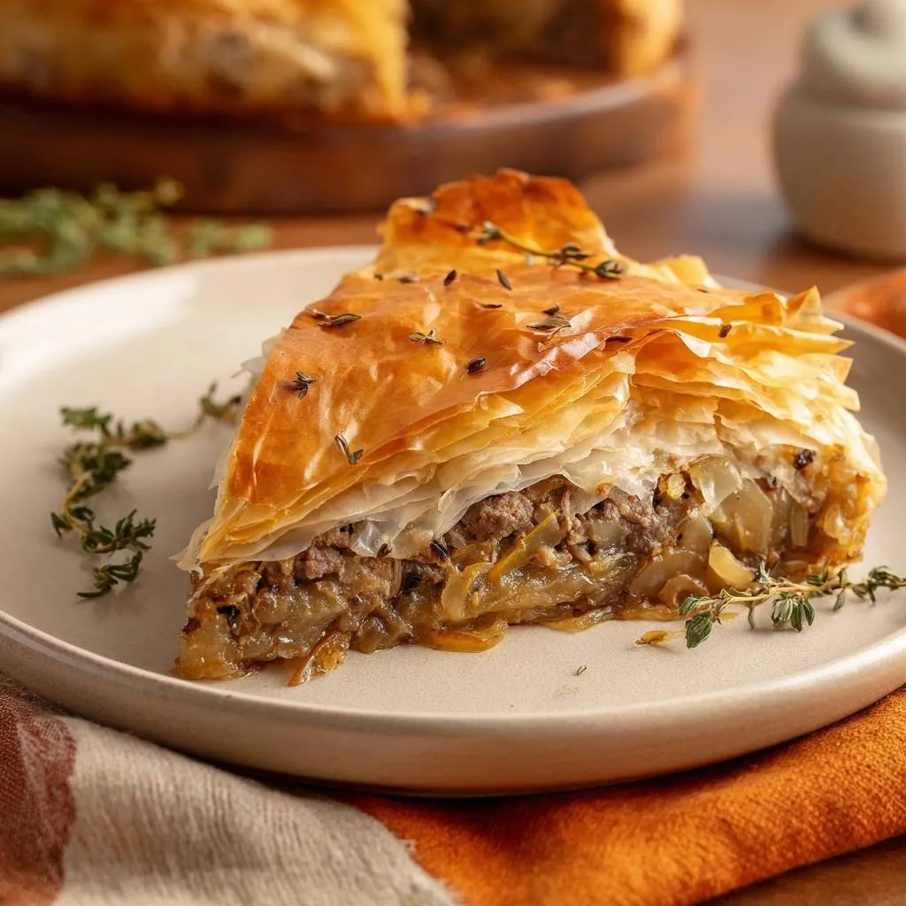 Flaky beef leek phyllo pie slice showing a detailed cross-section of the savory filling and golden layers.