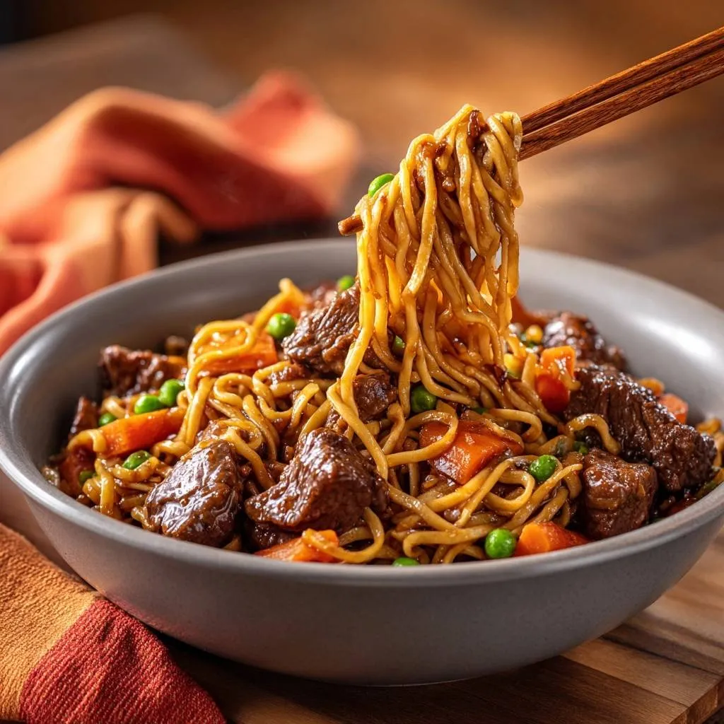 Beef lo mein with velveted tender beef being lifted with chopsticks from a grey bowl.