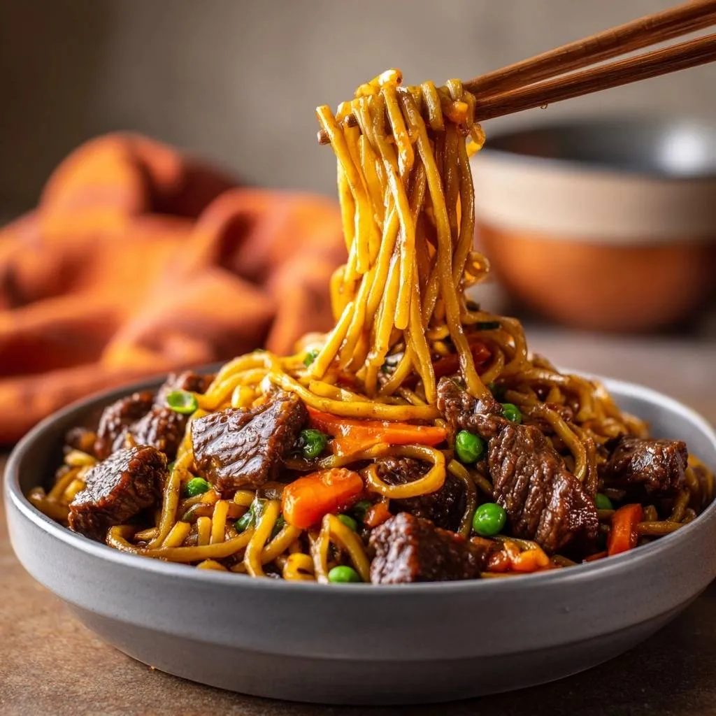 Beef lo mein with velveted tender beef, with chopsticks lifting a generous portion of noodles from the bowl.