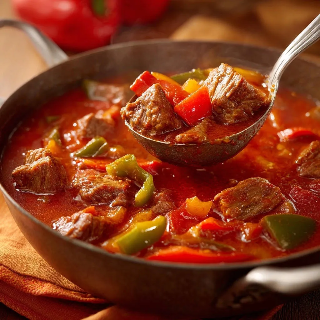 Hearty beef and pepper goulash being scooped with a ladle, showing tender meat and colorful bell peppers in rich sauce.