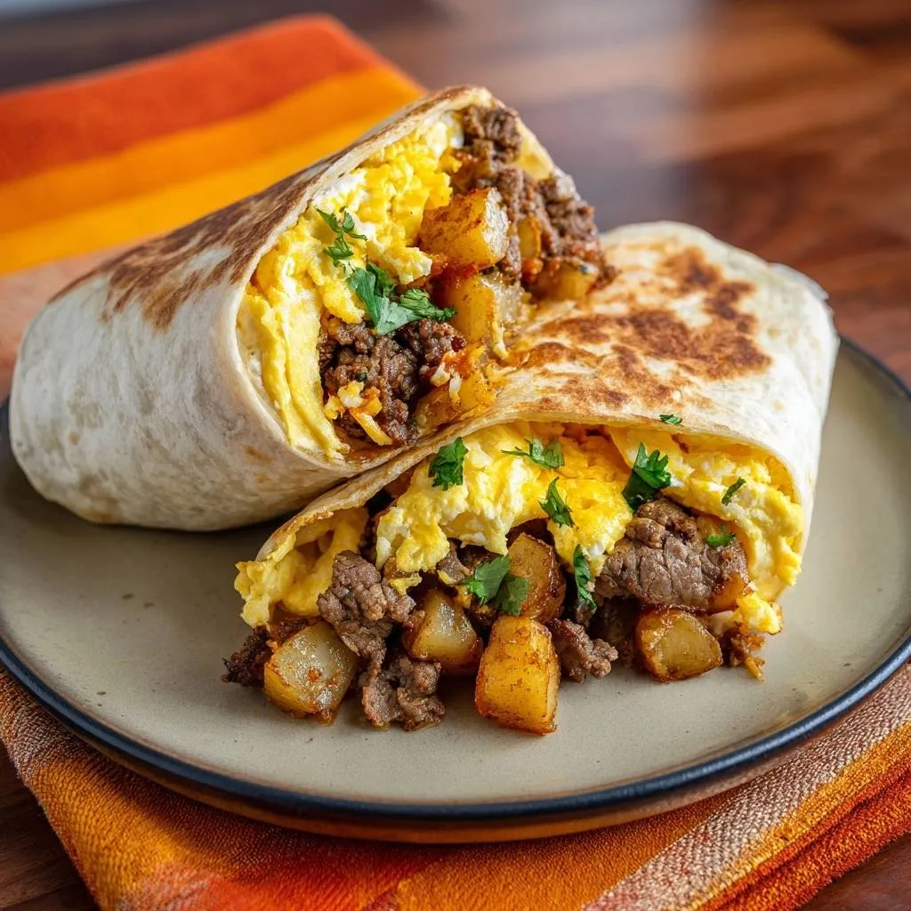 Beef potato breakfast burrito with a close-up cross-section showing scrambled eggs, seasoned beef, and diced potatoes.