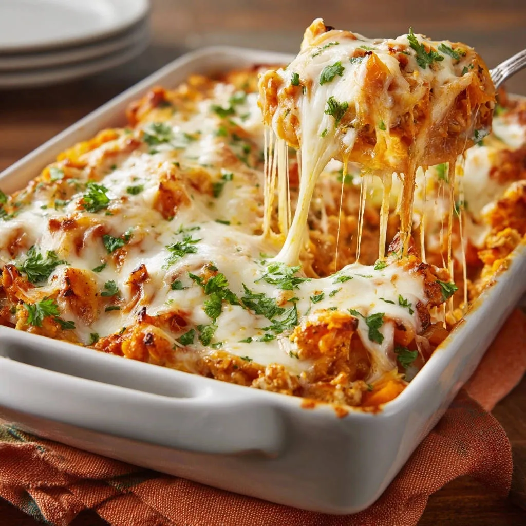 Savory beef and sweet potato bake with a gooey cheese pull being lifted from the dish.