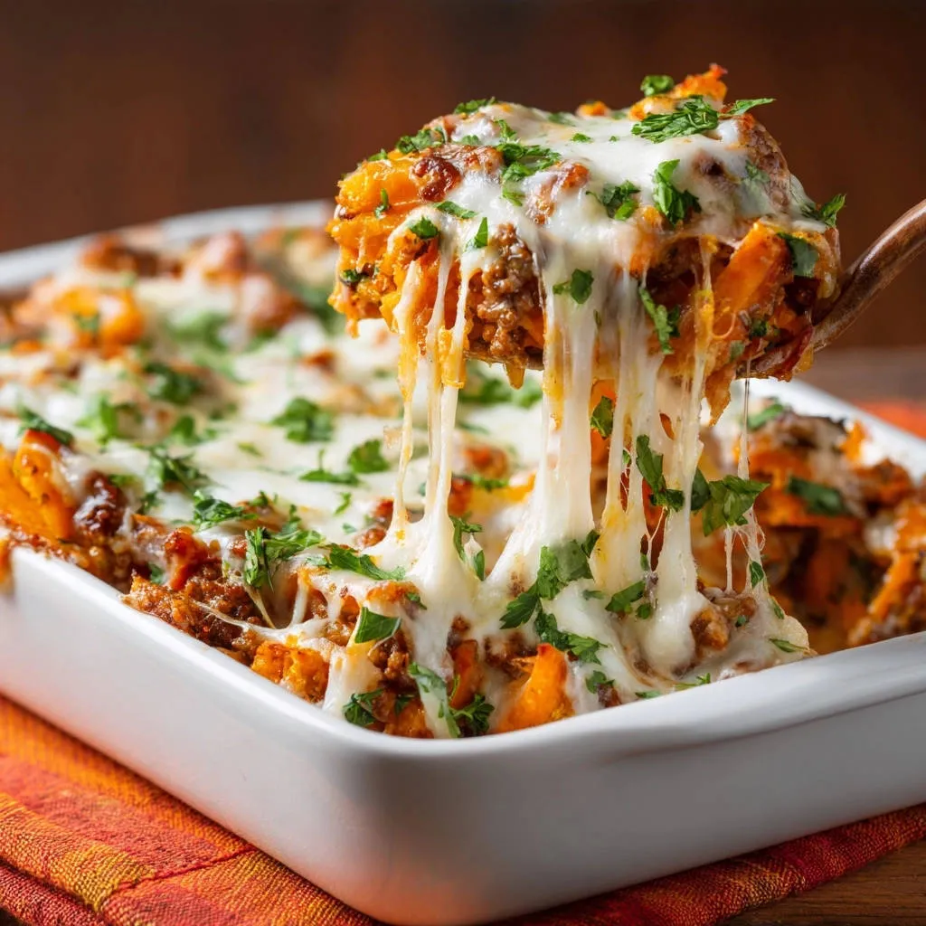 Savory beef and sweet potato bake with a gooey cheese pull, garnished with fresh parsley.