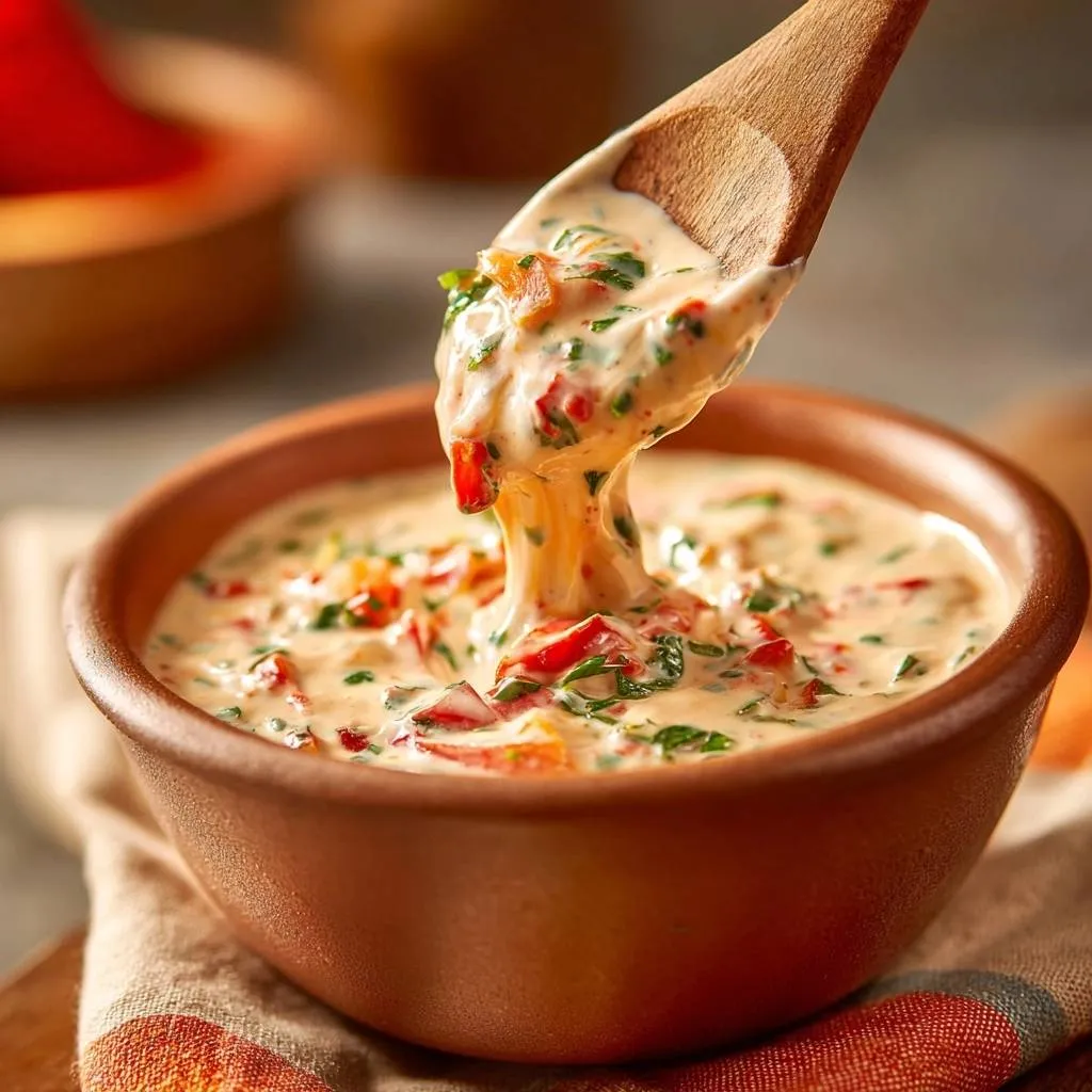 Bell pepper herb yogurt dip with a spoonful being lifted to show its thick, creamy texture.