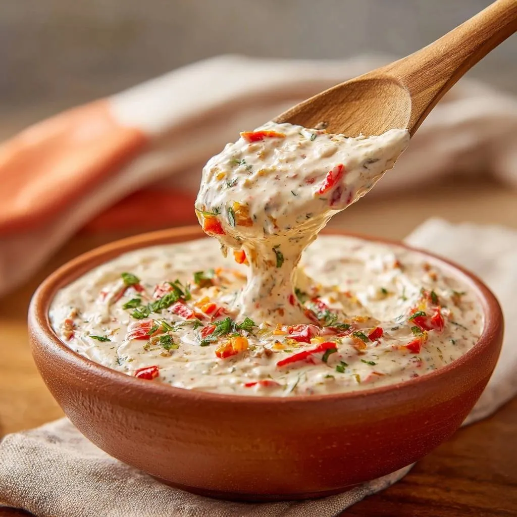 Bell pepper herb yogurt dip shown with a spoonful being lifted, revealing its thick and creamy texture with visible herbs and chopped peppers.