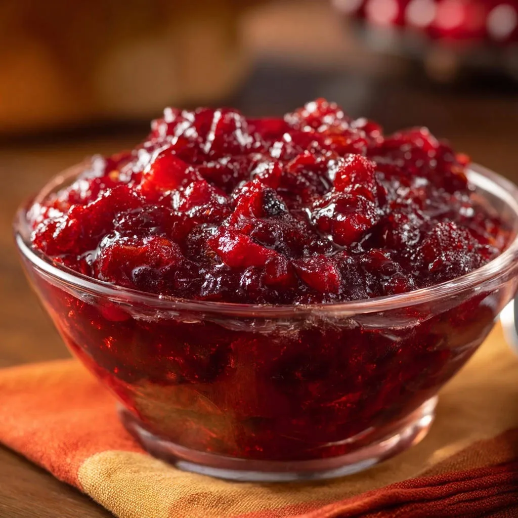 Grandma's best cranberry sauce close-up showing its chunky, glistening texture in a glass bowl.