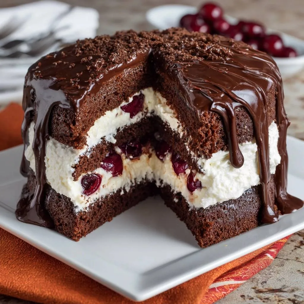 Black Forest Cake cross-section showing layers of chocolate cake, whipped cream, cherries, and rich chocolate glaze.