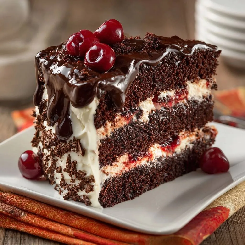 Black Forest Cake, a decadent slice showcasing layers of rich chocolate cake, whipped cream, and cherry filling.