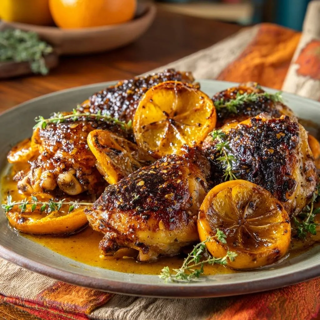 Blackened chicken thighs with charred citrus served on a plate, garnished with fresh thyme sprigs.