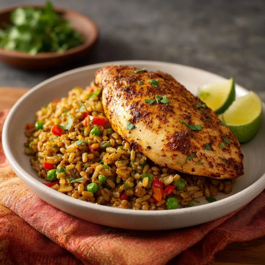 Blackened chicken with veggie fried rice plated with lime wedges and a side of cilantro.